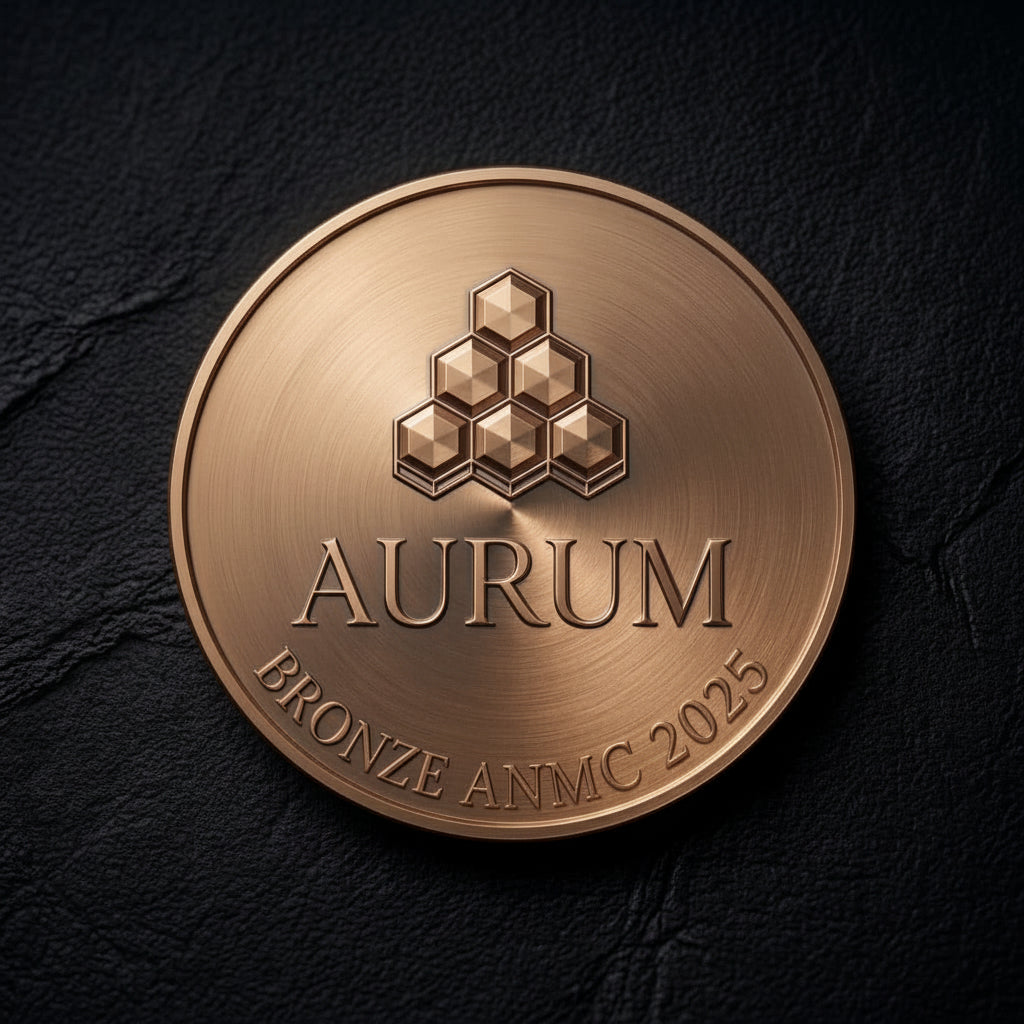 Bronze medal with 'Aurum' branding on a dark background