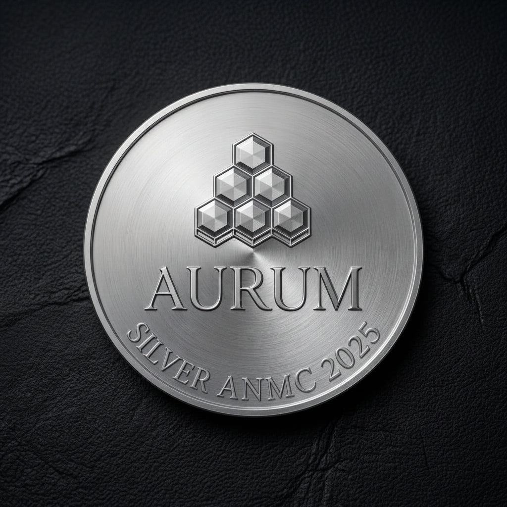 Silver medal with 'AURUM' branding on a dark background