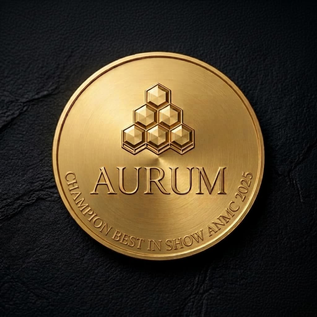 Gold medal with 'Aurum' logo and text on a dark background 2025