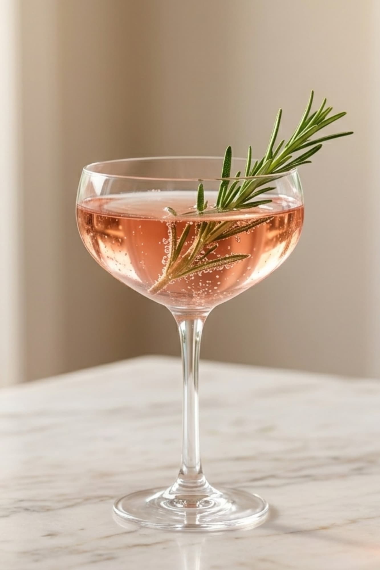 A coupe glass filled with a pink rose-colored beverage, garnished with a green rosemary sprig, set on a light marble surface against a soft beige background.