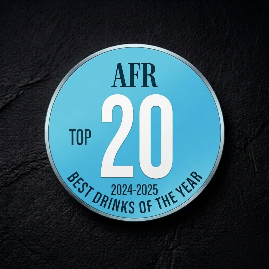 Badge with 'AFR Top 20 Best Drinks of the Year 2024-2025' text on a dark background