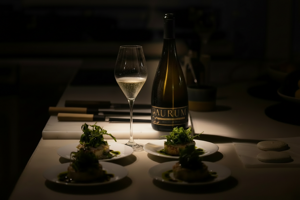 A bottle of Aurum Sparkling white Blanc de Miel wine glass on a table, with four small plated Michelin-chef dishes in front.