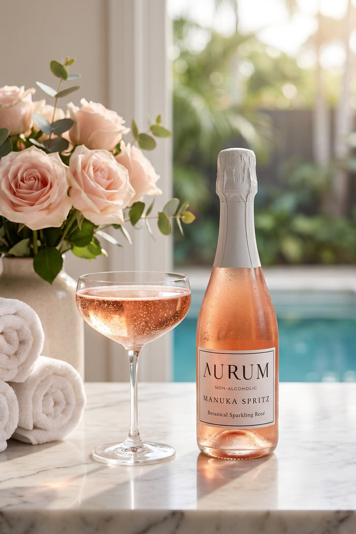 AURUM Manuka Spritz, a 0% ABV sparkling rose made with native botanicals and Manuka honey