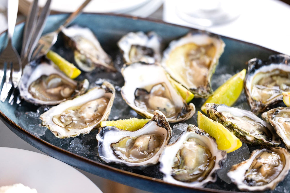 Fresh oysters paired with AURUM Manuka Spritz honey wine, fine dining presentation